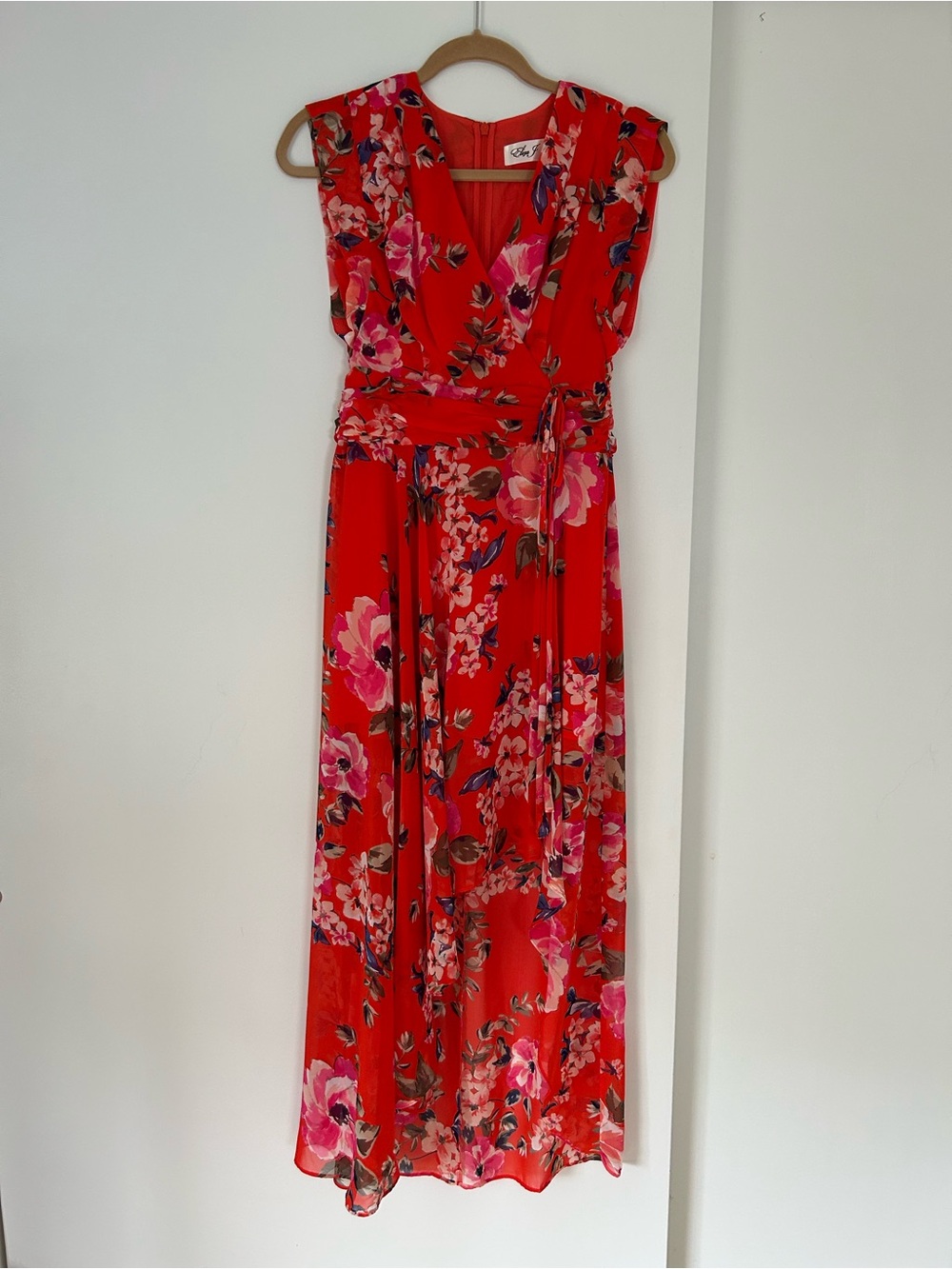 Red Floral Wrap Maxi Dress with Tie Waist - Women
